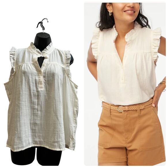 J Crew Factory New Cotton Ivory Gauze Ruffle Trim Sleeveless Top Medium - Picture 1 of 14